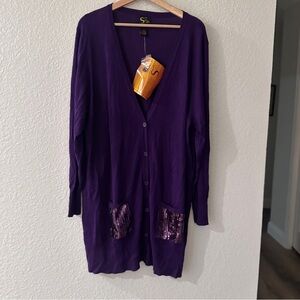 NWT Serena Williams Purple Sequin Cardigan 2X Long Sleeve Sparkle Glam Layering